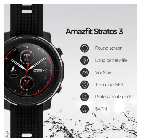 Amazfit Stratos 3 Montre Connectée Version Globale, Horloge d'Étanchéité 5 ATM, Chronographe à Double Mode avec GPS, Musique, 14 Jours d'Autonomie
