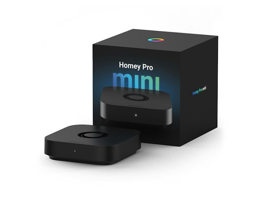 Homey Pro mini​,​ hub domotique compact avec Matter​,​ Zigbee​,​ Thread et Ethernet​,​ automatisations avancées locales​,​ sauvegardes et intégration Homey Bridge